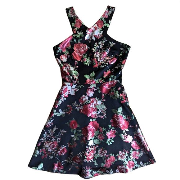 Aqua V Neck Metallic Floral Rose Fit and Flare Glam Wedding Guest Party Dress - Picture 1 of 4